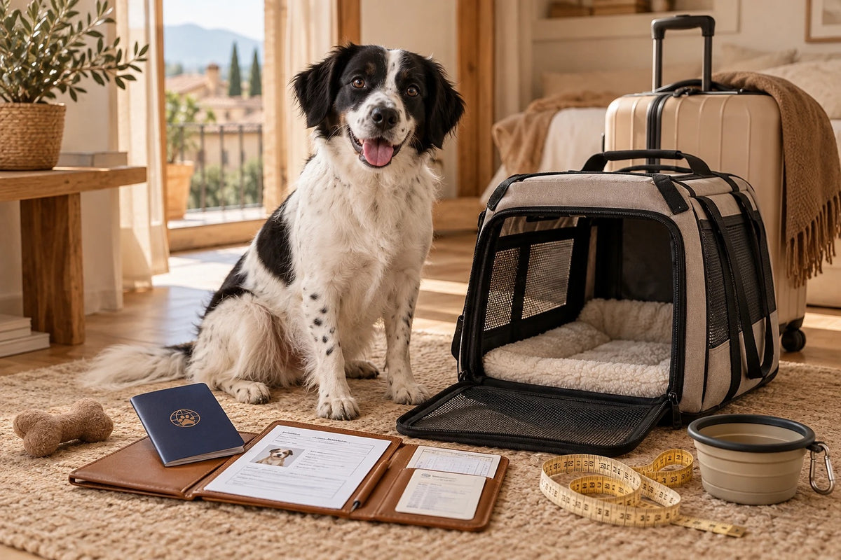 Black and white dog sitting beside an open soft-sided airline carrier, with a pet passport, travel documents, a tape measure and a folding bowl laid out on the floor