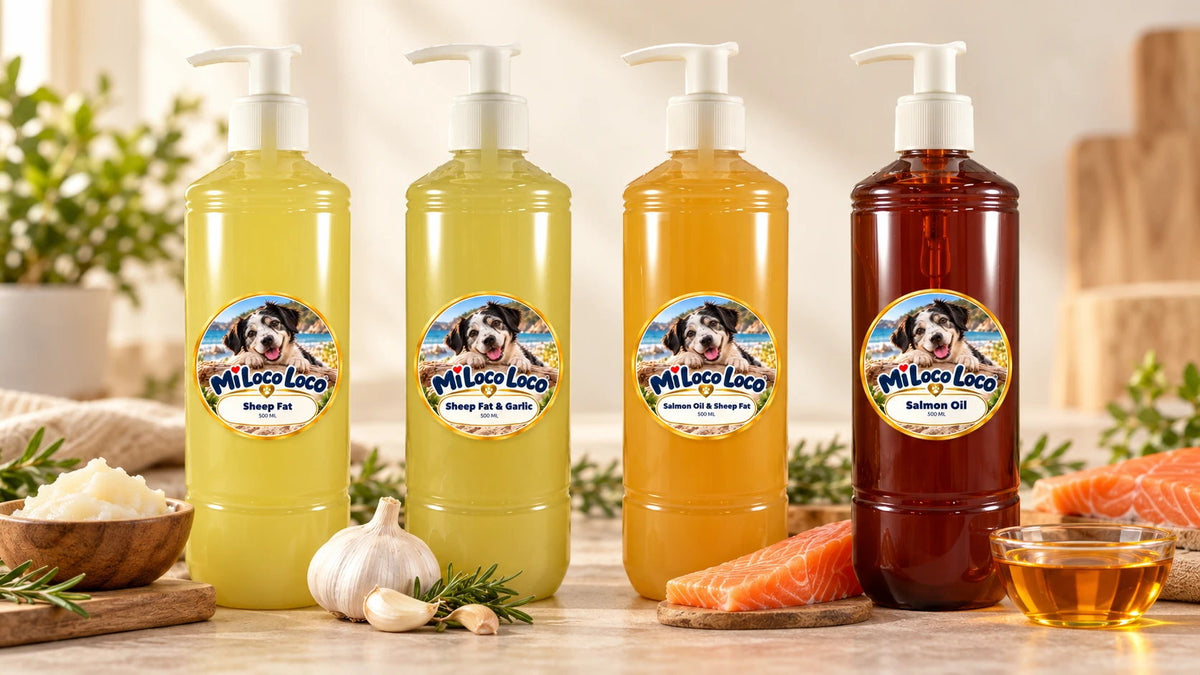 Mi Loco Loco Sheep Fat, Sheep Fat & Garlic, Salmon Oil & Sheep Fat and Salmon Oil, four 500 ml pump bottles side by side