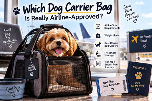Small curly-haired dog in a soft mesh airline carrier bag at the airport gate
