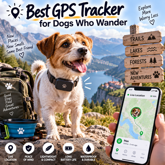 Terrier wearing a GPS tracker collar on a mountain trail, with a phone showing the dog's live location on a map