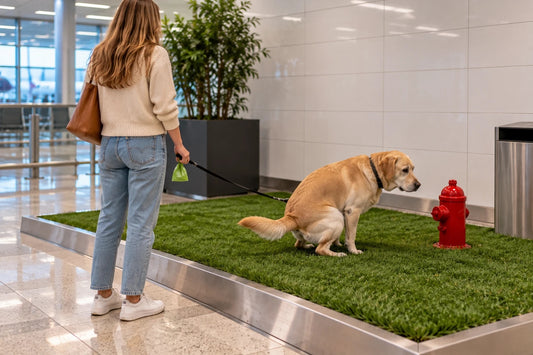 A labrador on the artificial grass of an indoor airport pet relief area, its owner waiting alongside with the lead and a bag