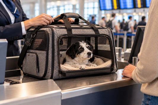 A small black-and-white dog in a soft carrier bag on an airport check-in counter, staff hands lifting the bag