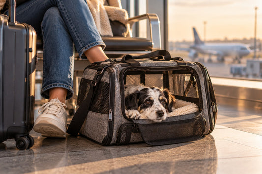 A dog resting in a soft carrier bag in an airport departure lounge, an aircraft parked outside the window at sunset