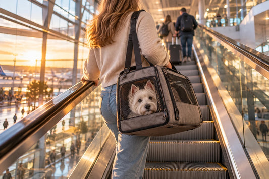 A West Highland terrier looking out of a mesh carrier bag carried up an airport escalator at sunset, the terminal concourse and apron visible through the glass wall