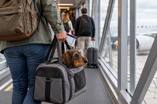 A wire-haired dachshund looking out of a soft carrier bag as its owner carries it up the jet bridge to board, boarding pass in hand, other passengers ahead