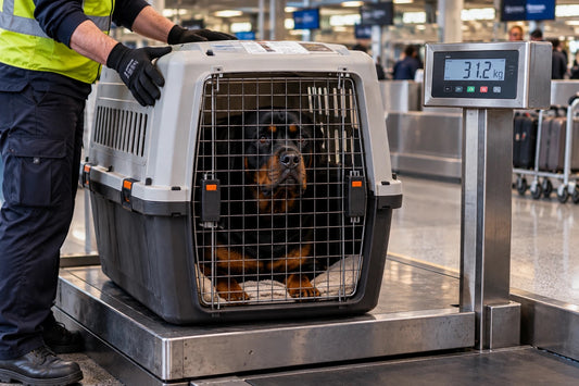 A rottweiler in a hard airline travel crate standing on an airport baggage scale reading 31.2 kg, a handler in a high-visibility vest steadying the crate