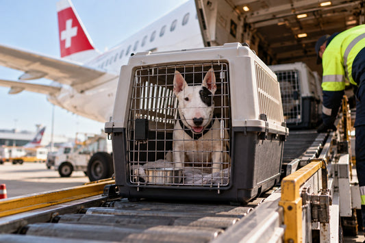 A dog in a hard airline travel crate on a cargo belt loader being loaded into an aircraft hold, a ground handler beside it