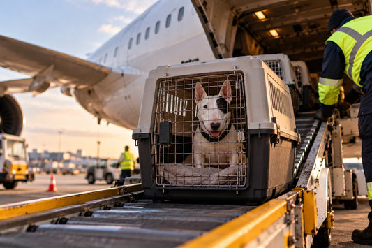 A bull terrier in a hard airline travel crate on a belt loader being loaded into the hold of an unmarked white aircraft at sunset, a ground handler beside it