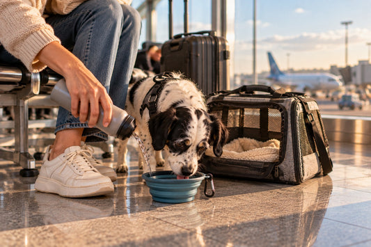 A dog drinking from a collapsible travel bowl beside its carrier bag in an airport terminal, an aircraft outside the window