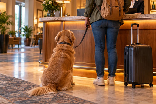 A golden retriever sitting on a lead beside its owner at a hotel reception desk, suitcase alongside, while the owner checks in