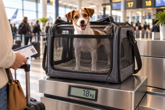 Jack Russell terrier in a grey soft-sided pet carrier on an airport check-in scale showing 7.8 kg
