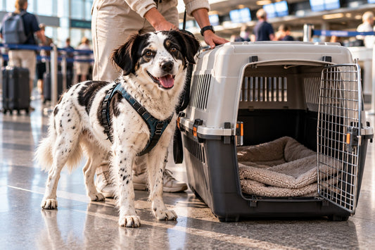 A black-and-white dog standing beside an open hard travel crate at an airport check-in hall