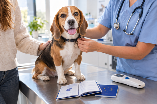 Beagle on a vet's table next to a blue pet passport and a microchip scanner