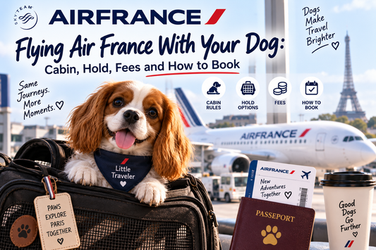 Cavalier King Charles spaniel in a travel carrier at a Paris airport, with an Air France plane and the Eiffel Tower behind