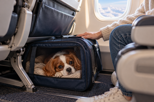 Cavalier King Charles Spaniel resting in a navy soft pet carrier under the seat at a window seat on a plane