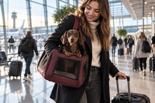 Smiling woman carrying a Dachshund in a burgundy soft pet carrier through a modern airport terminal