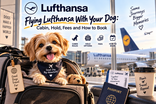 Small fluffy dog in a soft travel carrier at the airport, with a Lufthansa plane behind the window