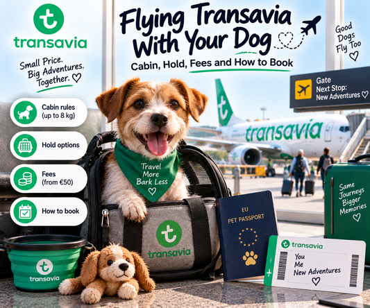 Terrier with a green bandana in a soft carrier bag at the airport, with an EU pet passport and a Transavia plane behind