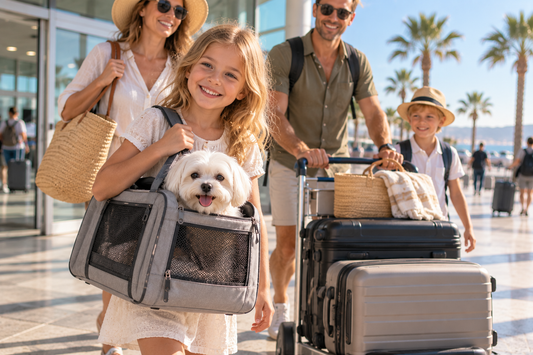 Smiling girl carrying a white Maltese in a grey soft pet carrier as her family arrives at a sunny holiday airport