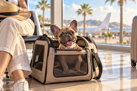 French Bulldog puppy in a beige soft-sided pet carrier at a sunny Mediterranean airport gate