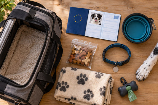 Flat lay of dog travel gear on a wooden table: a soft carrier bag, an open EU pet passport, treats, a collapsible bowl, a collar with tag, a paw-print blanket and a poop bag dispenser