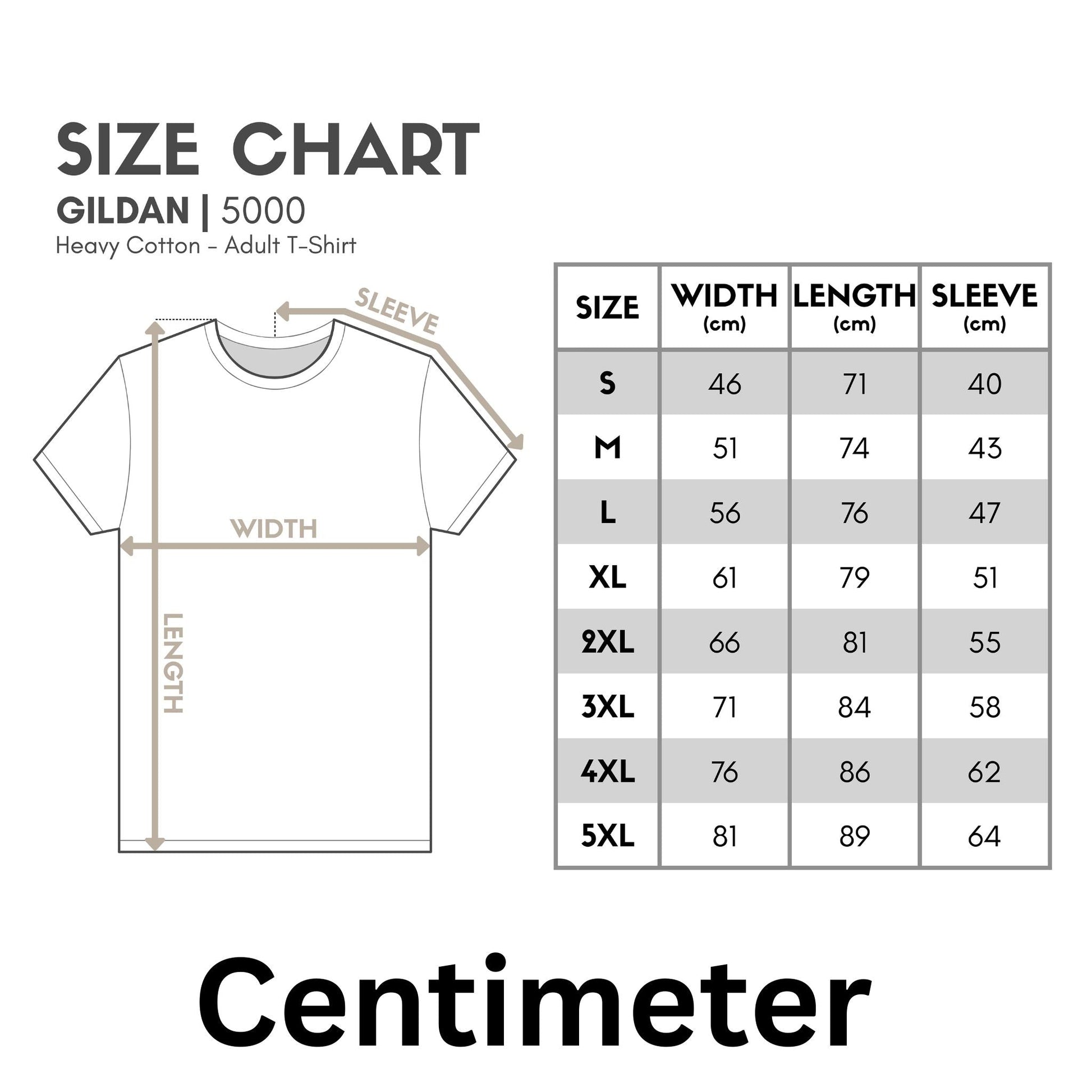 Gildan 5000 t-shirt size guide chart in centimeters - Mi Loco Loco