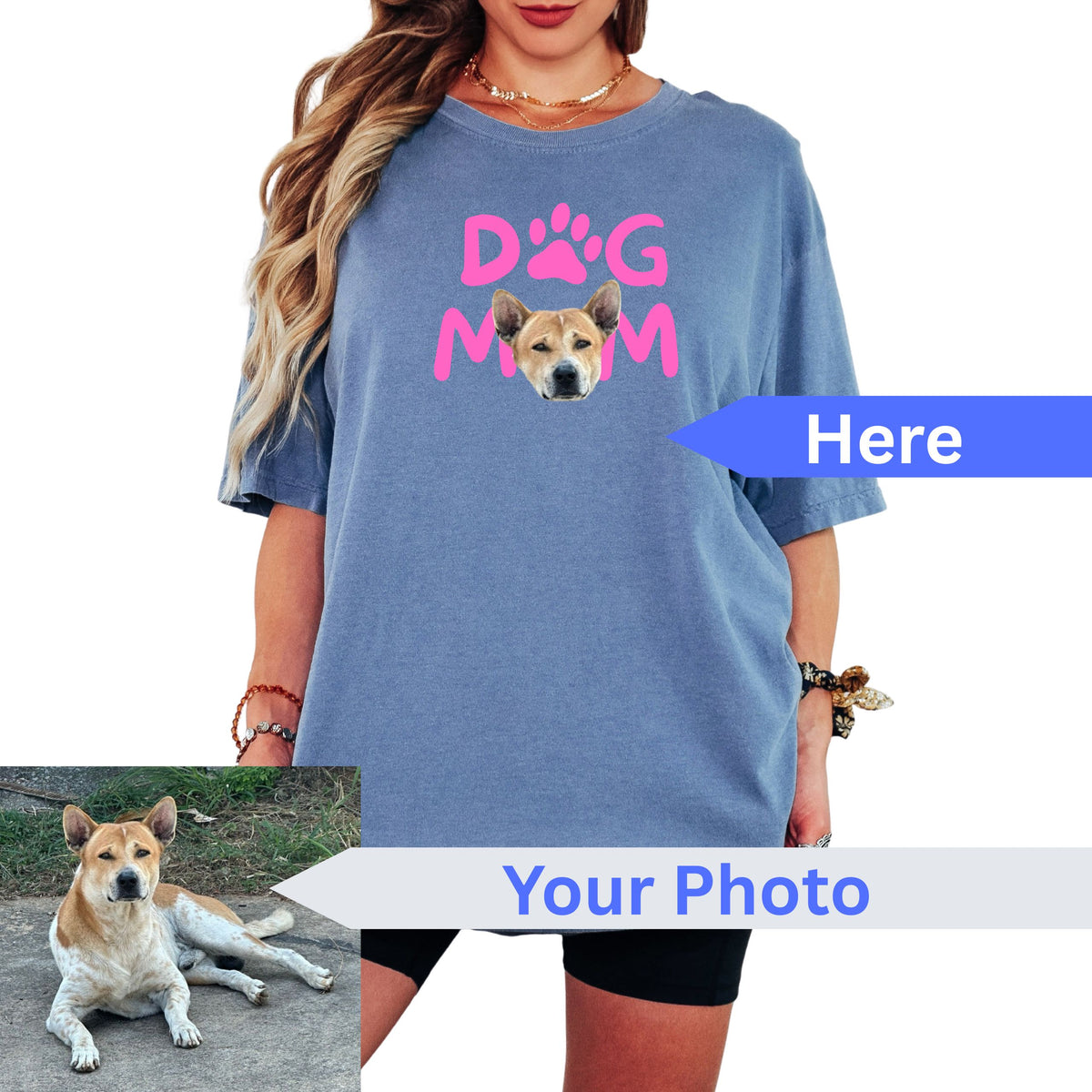 A woman wearing an oversized heathered blue t-shirt with a customizable pink 'DOG MOM' graphic and a dog photo printed on the chest. The image includes a blue 'Here' arrow pointing to the graphic area and a bottom inset showing a dog photo labeled 'Your Photo'.