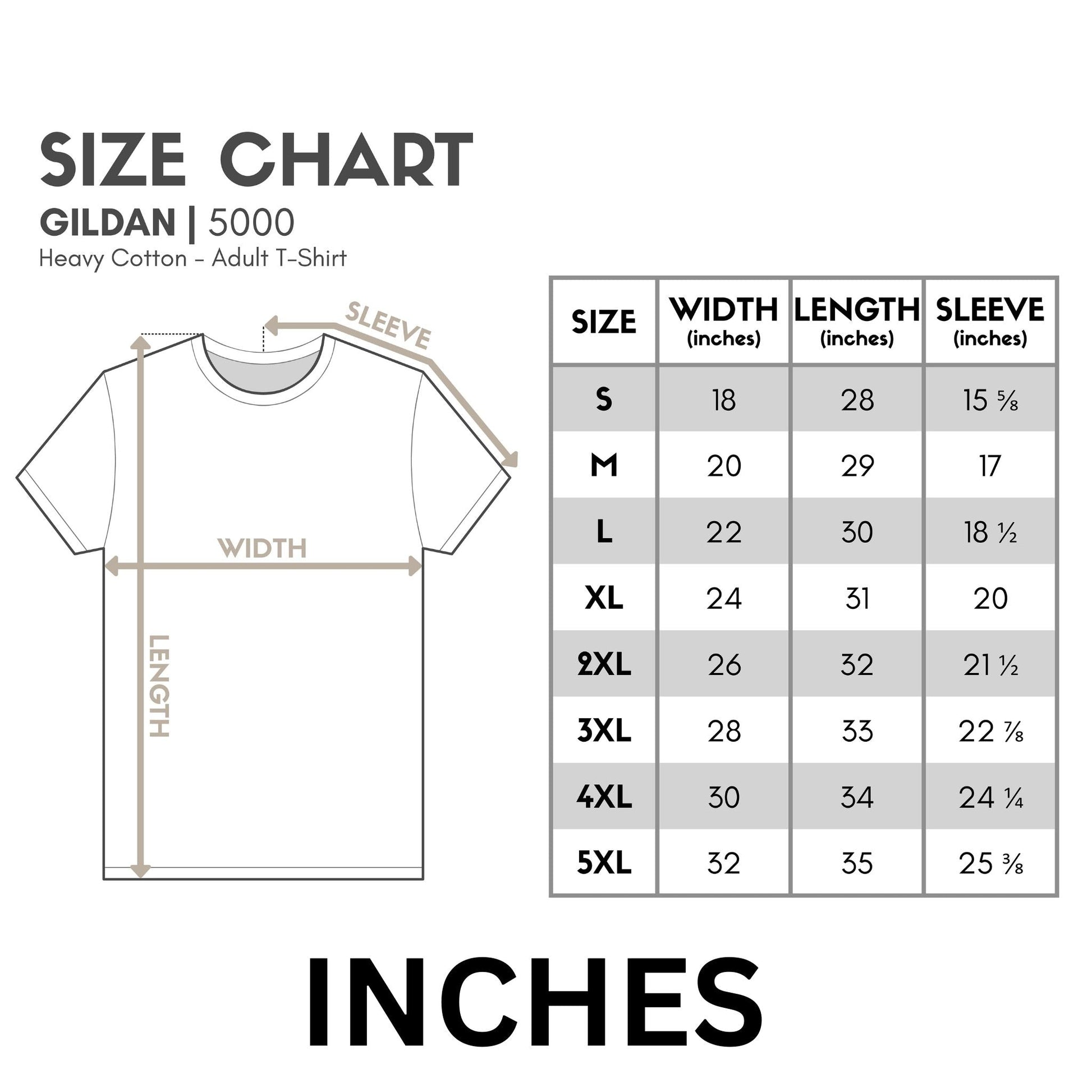 Gildan 5000 t-shirt size guide chart in inches - Mi Loco Loco