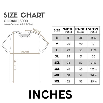 Gildan 5000 t-shirt size guide chart in inches - Mi Loco Loco