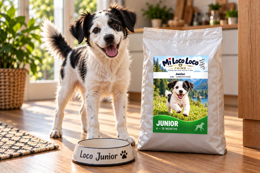 Mi Loco Loco Junior dry dog food, 4 kg bag, with a dog in a kitchen