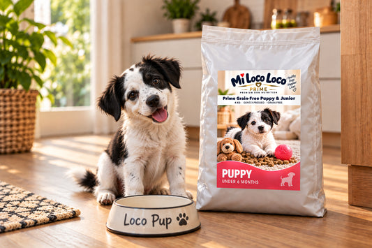 Mi Loco Loco Prime Grain-Free Puppy & Junior dry dog food, 4 kg bag, with a dog in a kitchen