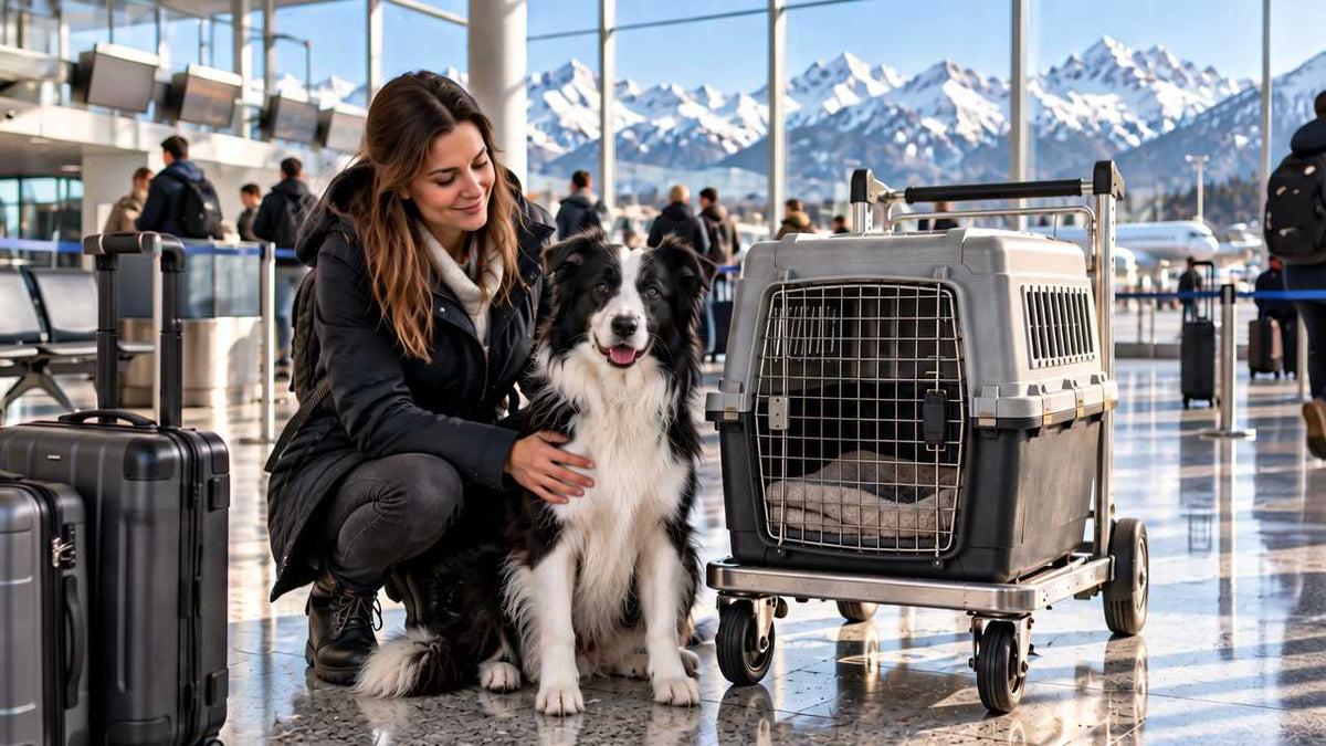 A woman kneeling beside her border collie at an airport check-in hall, next to a wheeled travel crate, with snow-covered mountains visible through the terminal windows