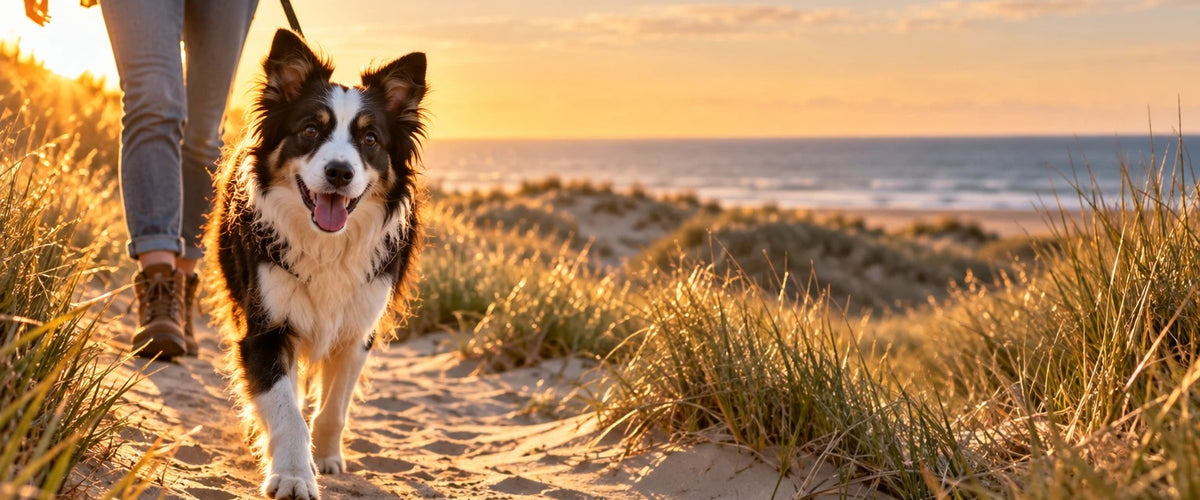 A border collie walking towards the camera along a dune path at sunset, its owner a few steps behind, the sea beyond the dunes