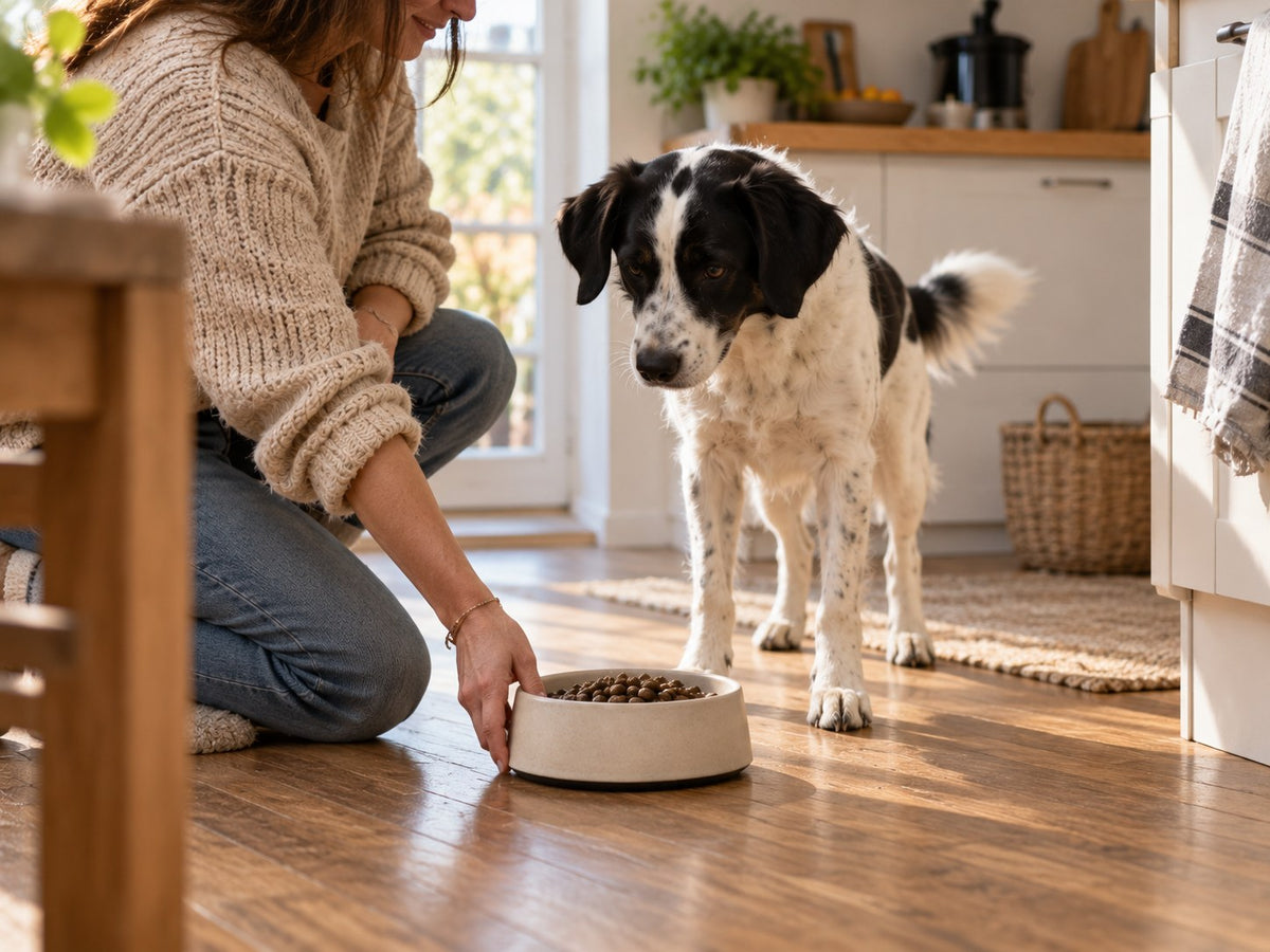 Owner putting down a bowl of dry food for her dog