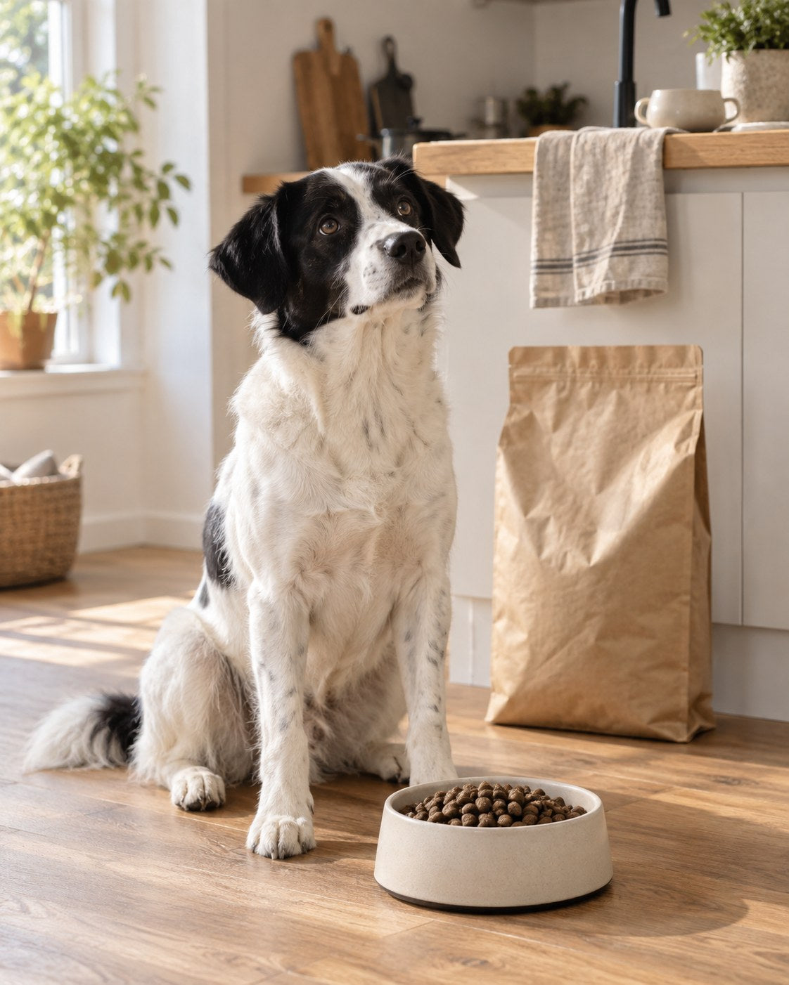 Dog waiting next to its food bowl in a sunny kitchen