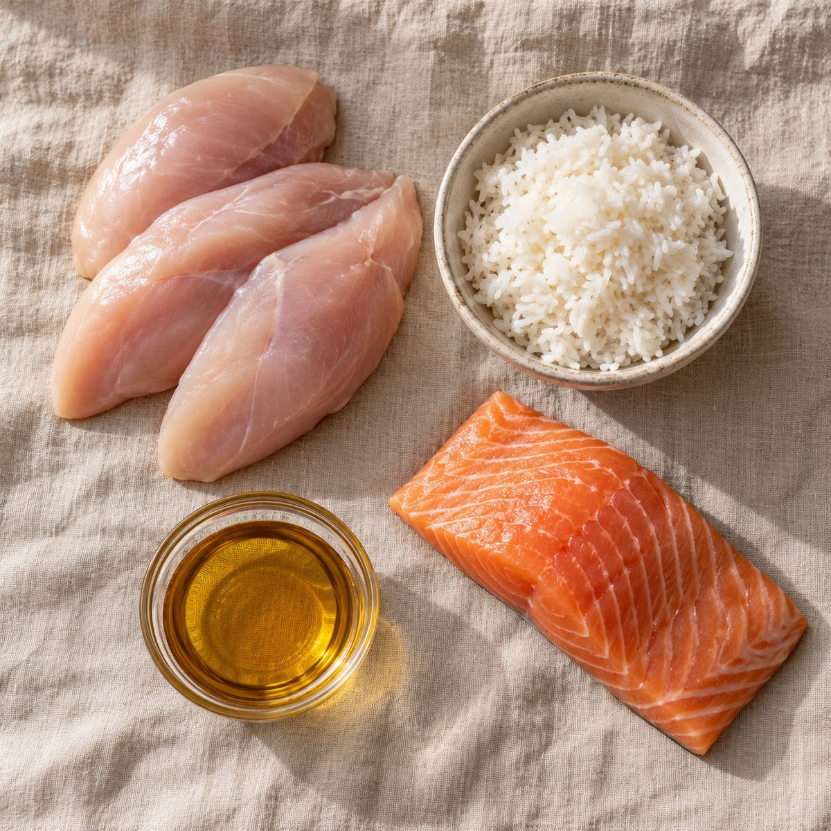 Chicken, rice, salmon and salmon oil on linen