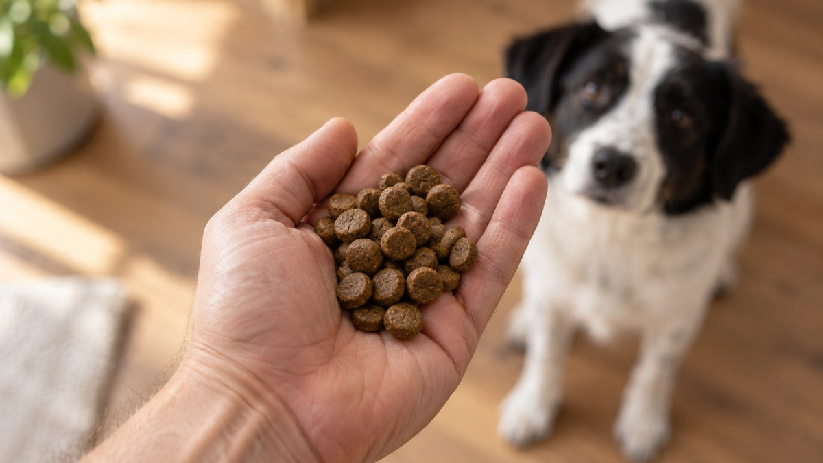 Handful of dry dog food kibble with a dog waiting