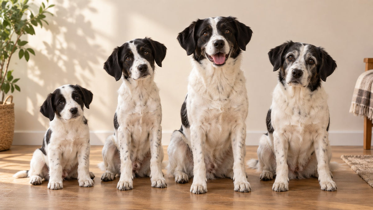 Puppy, junior, adult and senior dog side by side