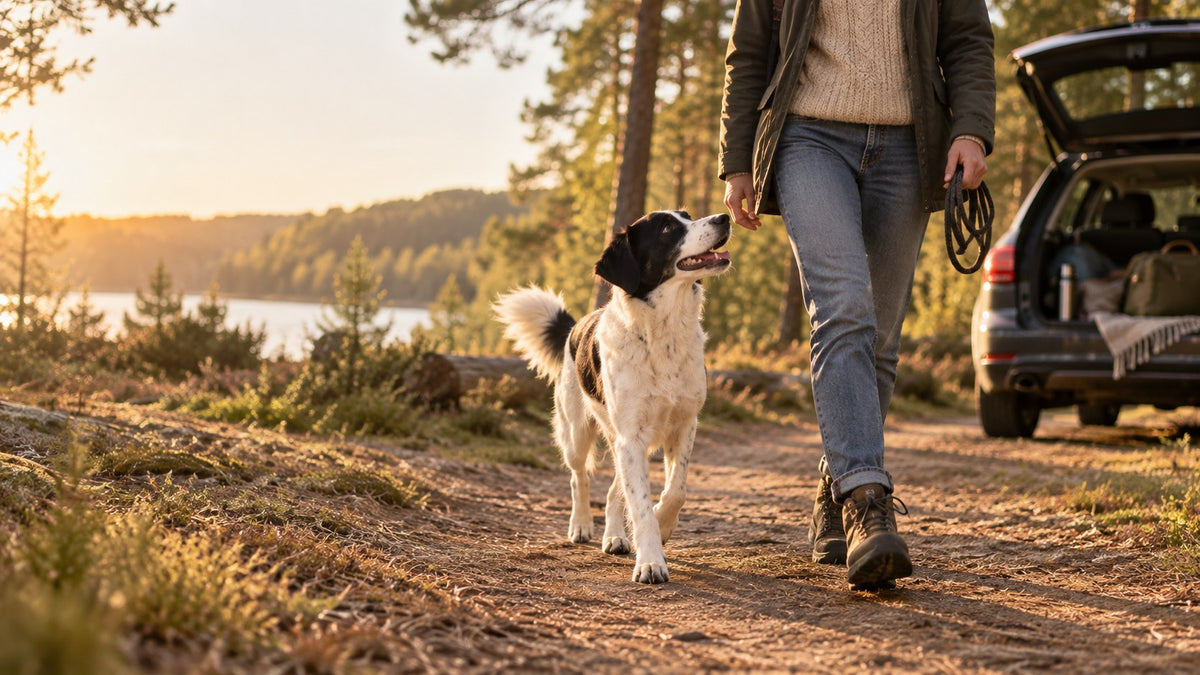 Dog and owner walking a forest trail at golden hour