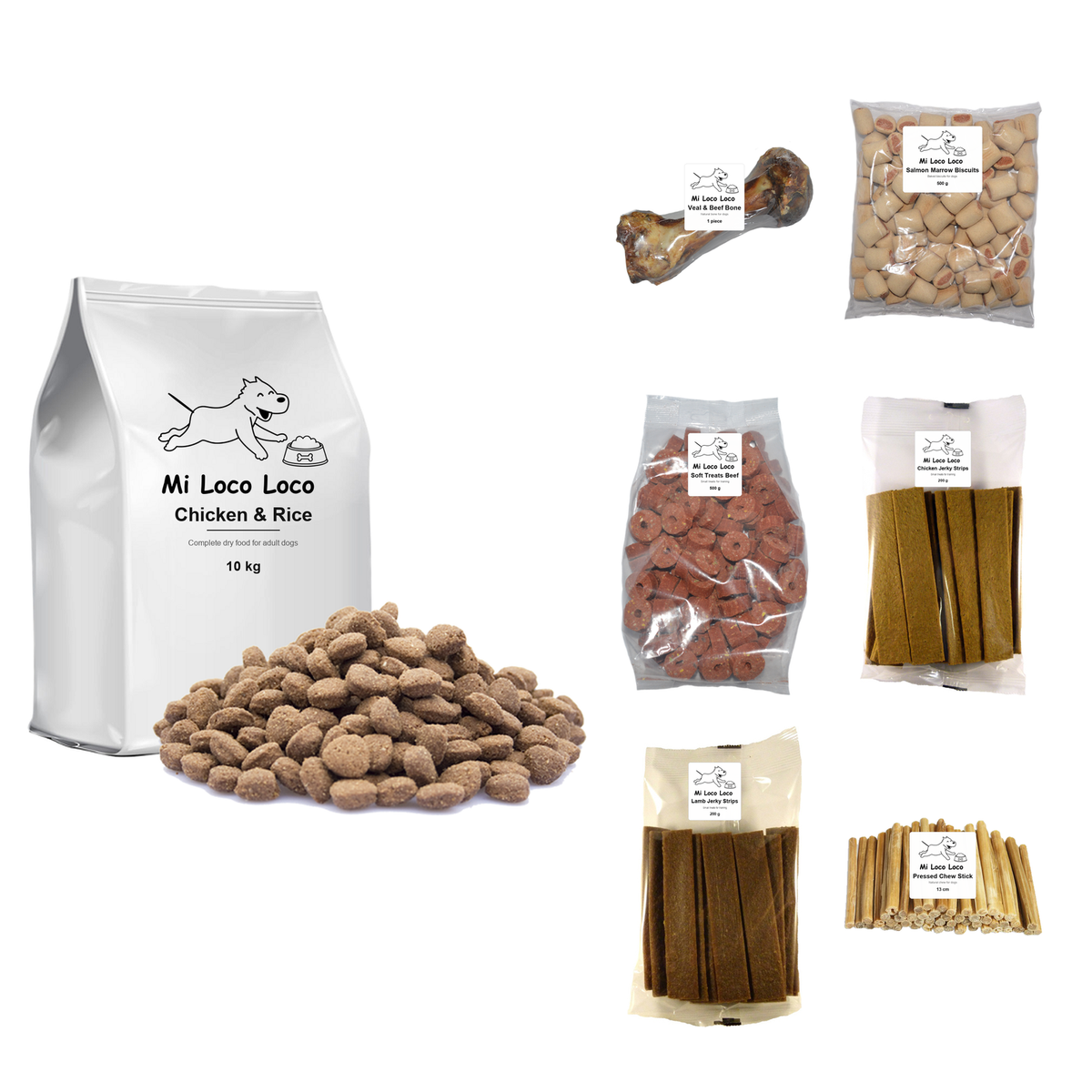 Adult Starter Box contents: 10 kg Chicken and Rice dry food with a veal and beef bone, biscuits, soft treats, jerky strips and chew sticks