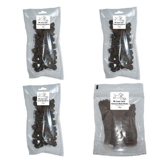 Field and Forest Treat Box contents: venison, rabbit and lamb meat blocks with venison meat sticks in Mi Loco Loco pouches