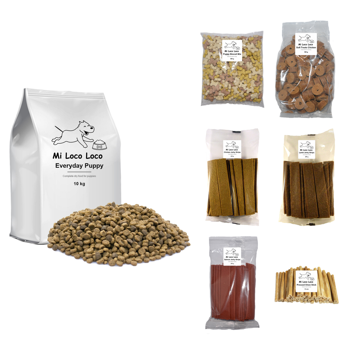 Puppy Starter Box contents: 10 kg Everyday Puppy dry food with biscuits, soft treats, jerky strips and chew sticks