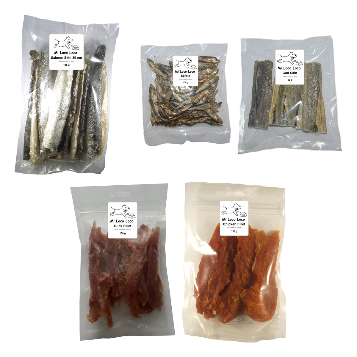 Sea and Sky Treat Box contents: salmon skin rolls, dried sprats, cod skin, duck fillet and chicken fillet in Mi Loco Loco pouches