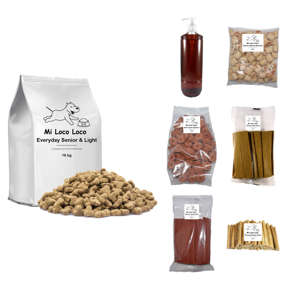 Senior Starter Box contents: 10 kg Everyday Senior and Light dry food with salmon oil, biscuits, soft treats, jerky strips and chew sticks