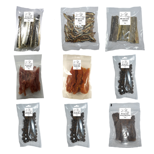 Treat Box Duo contents: nine Mi Loco Loco treat pouches, salmon skin, sprats, cod skin, duck fillet, chicken fillet, venison, rabbit and lamb meat blocks and venison meat sticks