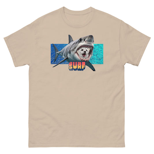 Surf Shark Dog T-Shirt Funny Dog Shark Beach Lover Gift | Sand | front view | Mi Loco Loco